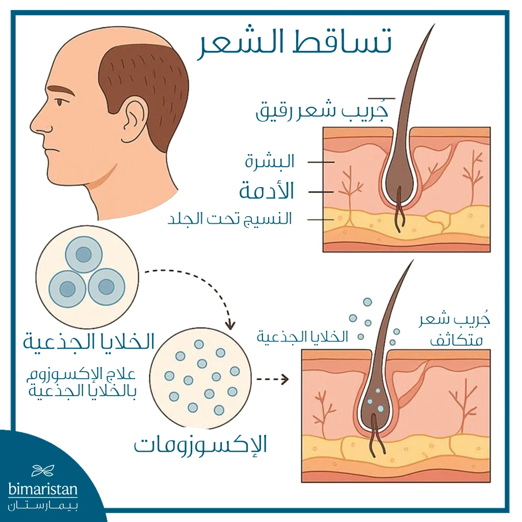 علاج الشعر بالإكسوزوم: أحدث طرق تجديد الشعر طبيعياً 2 رسم يوضح كيف تُحفّز الإكسوزومات المشتقة من الخلايا الجذعية نمو الشعر عبر تقوية جُريباته ومنع تساقطه.