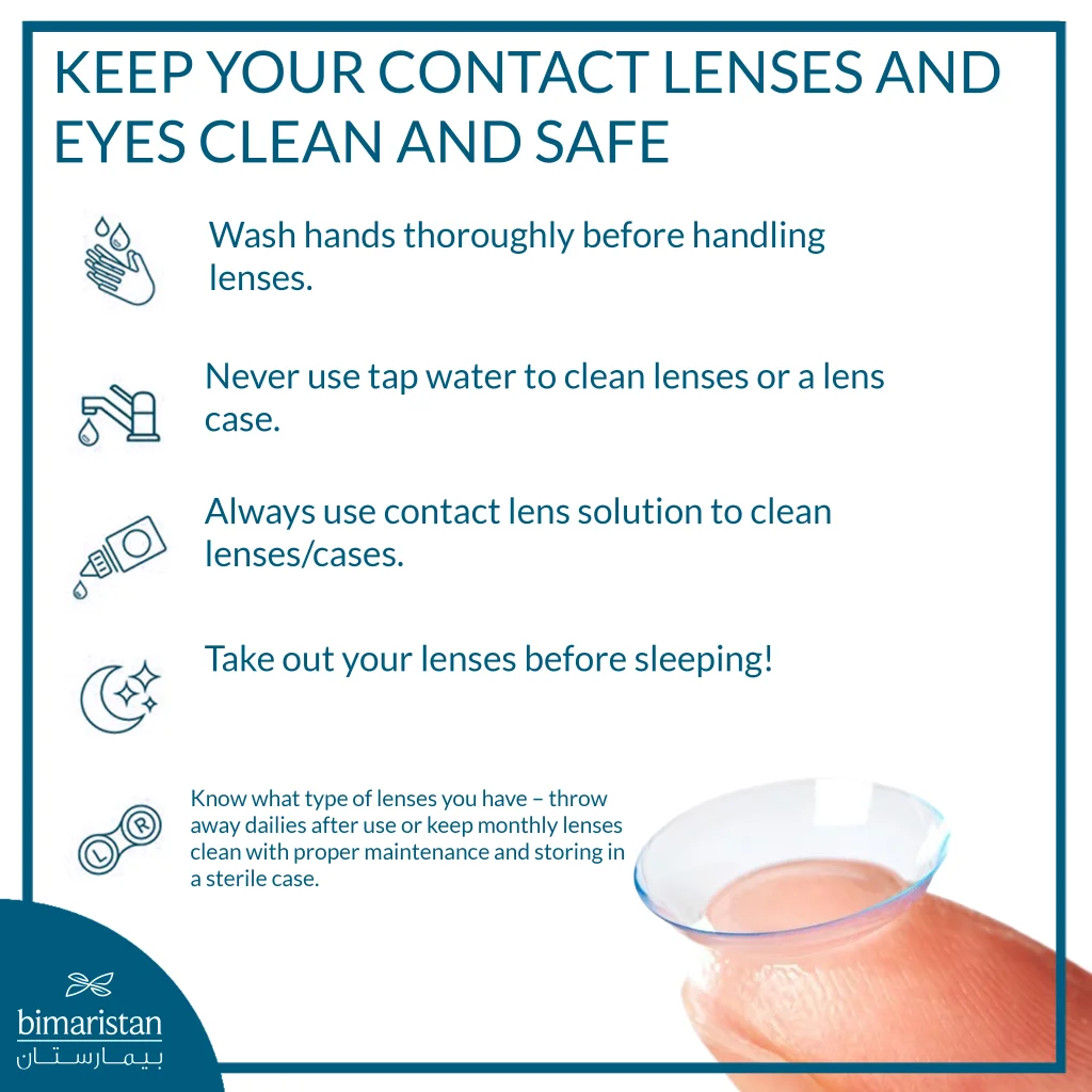 An Image Explaining The Most Important Guidelines For Keeping Lenses And Eyes Clean And Safe, Such As Washing Hands Thoroughly, Using Lens Solution, Avoiding Tap Water, Removing Lenses Before Bedtime, And Sticking To A Proper Replacement Schedule