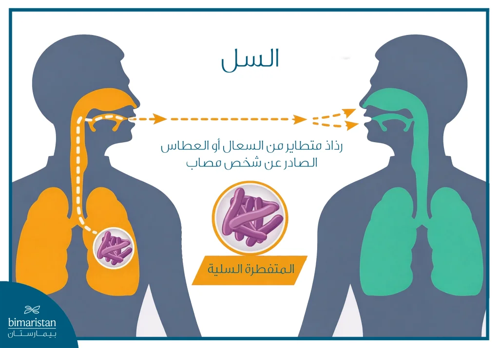 رسم توضيحي يشرح طريقة انتقال مرض السل عبر الهواء، حيث تنتقل بكتيريا السل من شخص مصاب إلى شخص آخر من خلال الرذاذ المتطاير أثناء السعال أو العطاس، لتصل إلى الجهاز التنفسي والرئتين
