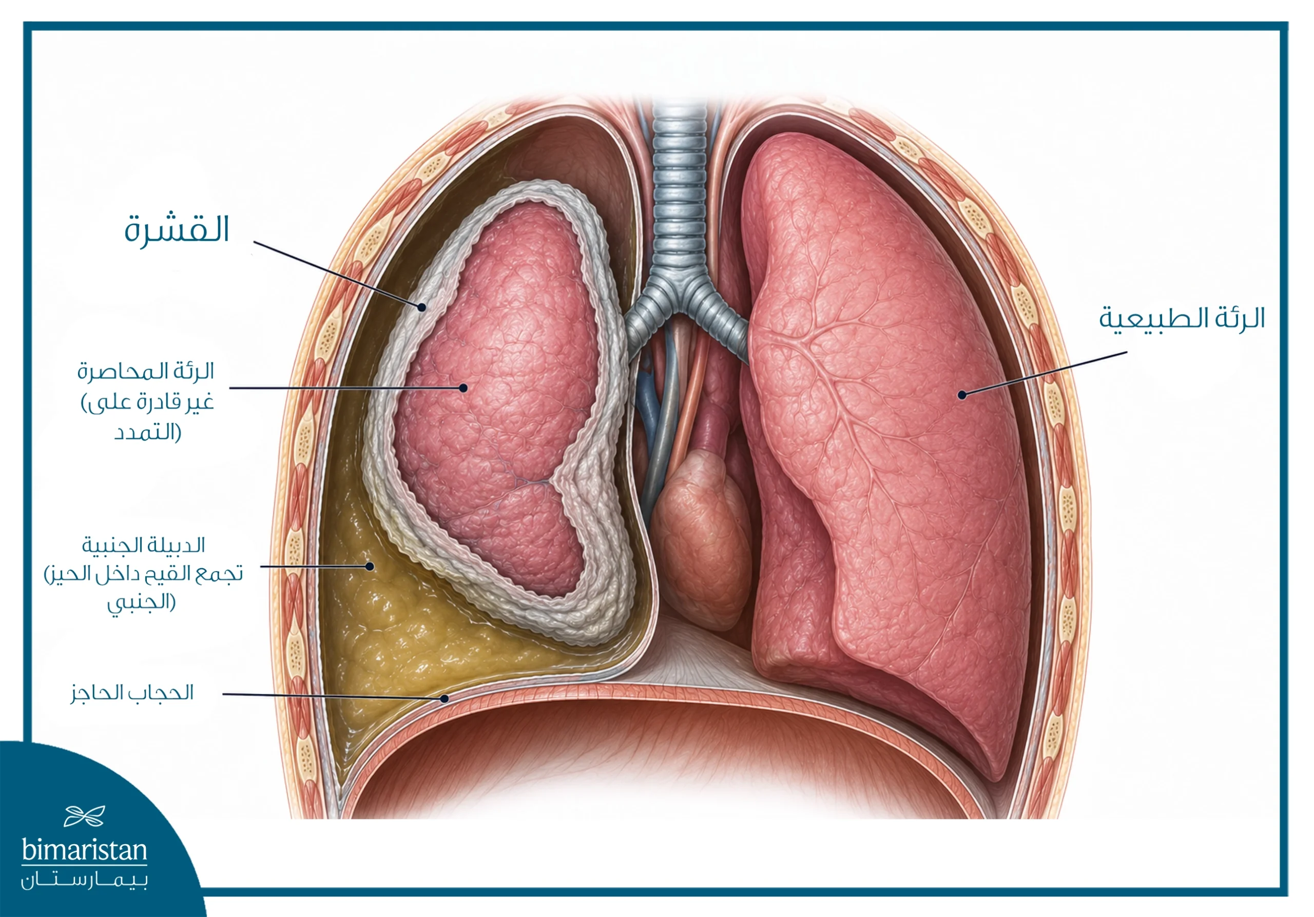 صورة توضح الدبيلة الجنبية والرئة المحاصرة، مع ظهور تجمع القيح داخل الحيز الجنبي وتكوّن قشرة جنبية ليفية سميكة تحدّ من تمدد الرئة، مقارنةً بالرئة الطبيعية في الجهة المقابلة.