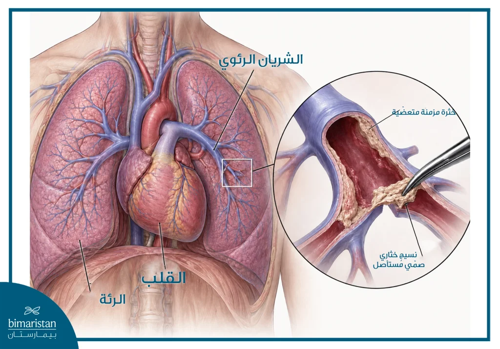 استئصال بطانة الشريان الرئوي (Pte): كيف تتم العملية وما نتائجها؟ 2 صورة توضح إزالة خثرة مزمنة متعضّية من الشريان الرئوي أثناء استئصال بطانته.