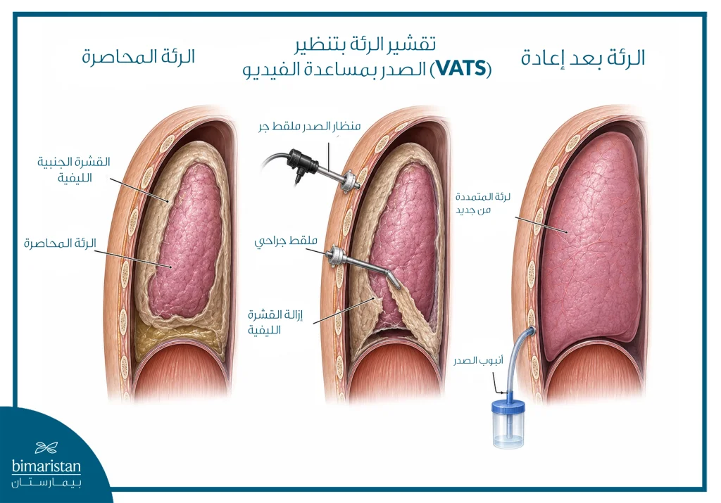 صورة توضح مراحل تقشير الرئة بالمنظار (Vats)، بدءاً من الرئة المحاصرة بقشرة جنبية ليفية، مروراً بإزالة هذه القشرة بأدوات تنظير الصدر، وانتهاءً بإعادة تمدد الرئة مع وضع أنبوب صدر للتصريف.